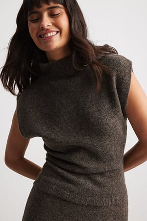 Grey Brown Sleeveless Mock Neck Knitted Top