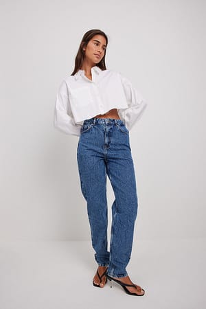 Dark Blue Long jean mom avec coupe slim