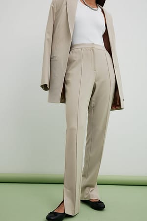 Taupe Slim Straight Slit Detail Suit Pants