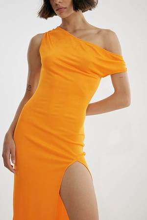 Orange Slip Shoulder High Slit Dress