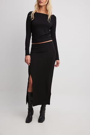 Black Slit Jersey Midi Skirt