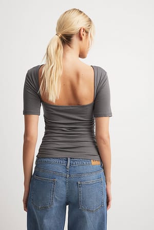 Grey Soft Line Open Back Rouched Top