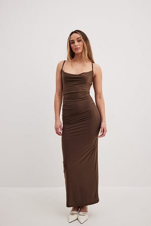 Brown Spaghetti Strap Draped Dress
