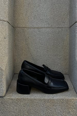 Black Squared Toe Heeled Loafers
