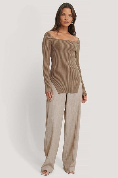 Beige Overlapped Ribbed Knitted Sweater