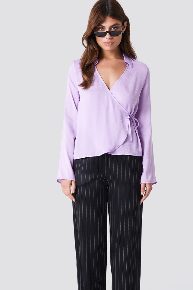 Wrap Over Satin Shirt with Striped Trousers