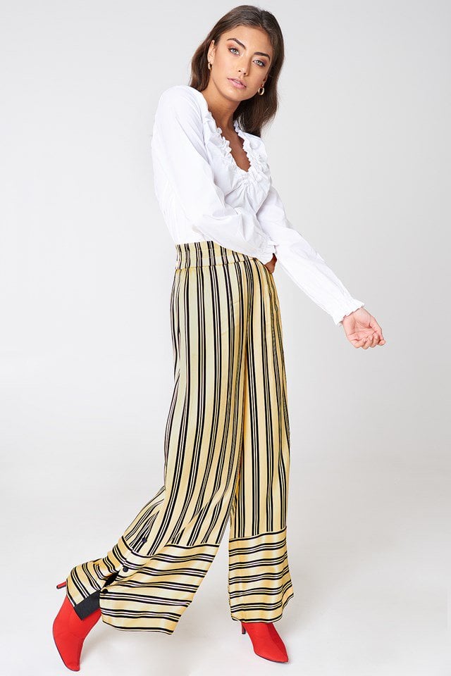 Gathered Neckline Top with Striped Pants