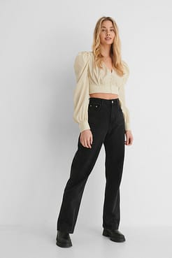 Gathered Detail Balloon Sleeve Blouse with Wide Leg High Waisted Denim.