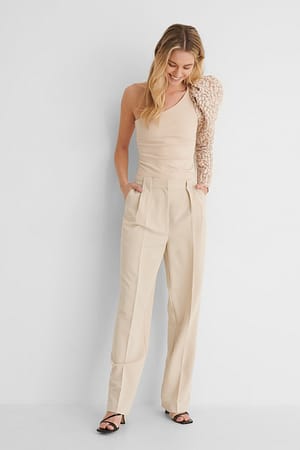 One Shoulder Puff Sleeve Top with Pleat Detail Straight Suit Pants.