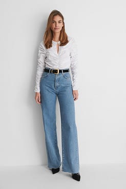 Draping Keyhole Top with Wide Leg Jeans.