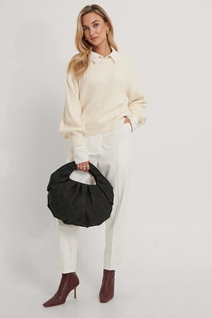 Organic Balloon Sleeve Round Neck Sweater Outfit.