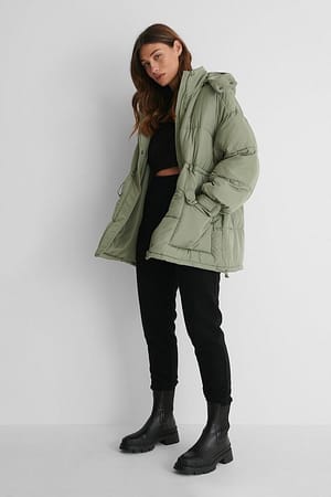 Waist Drawstring Padded Jacket Outfit.