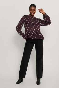 Shirred Round Neck Flounce Blouse Outfit.