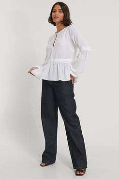 Recycled Pleated Waist Flowy Blouse Outfit.