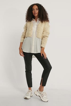 Melange Knitted Pearl Detail Cardigan Outfit.
