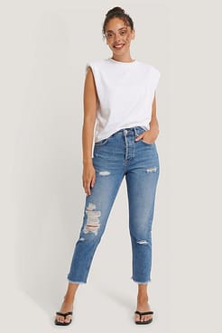 Organic Ripped Detail Mom Jeans Blue.