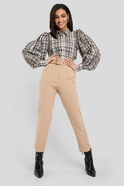 Puff Sleeve Check Oversized Shirt Outfit.