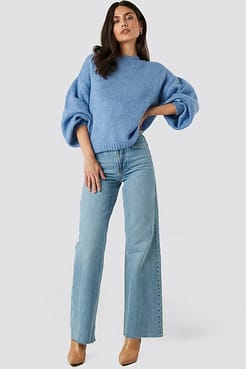 Crew Neck Volume Sleeve Knitted Sweater Outfit.