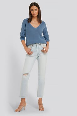 Deep Front V-neck Knitted Sweater Outfit.