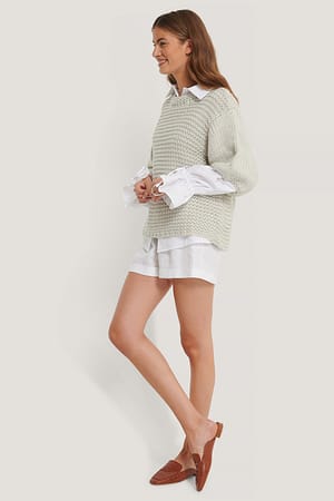 Detail Neck Short Sleeve Sweater Outfit.