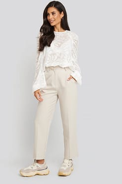 Jaquard Gathered Shoulder Blouse Outfit.