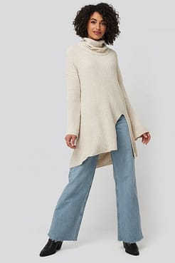 Front Slit Turtleneck Knitted Tunic Outfit.