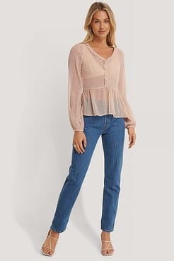 Shirred Dobby V-neck Blouse Outfit.