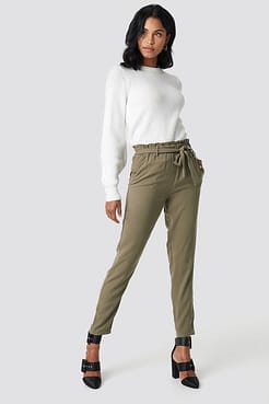 Tied Waist Pants with Crew Neck Knitted Sweater