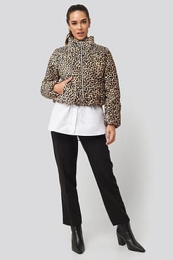 Zipper Leopard Pattern Velvet Crop Jacket Multicolor.
