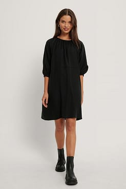 Gathered Round Neck Mini Dress Outfit.