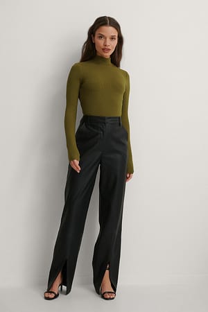 High Waist Slit PU Pants and Long Sleeve Tie Back Top Outfit.