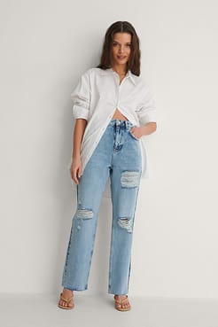 Destroyed Detail High Waist Straight Jeans Outfit
