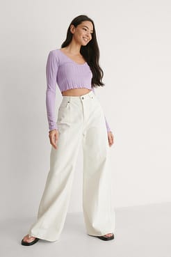 V-neck Crop Rib Top Outfit.