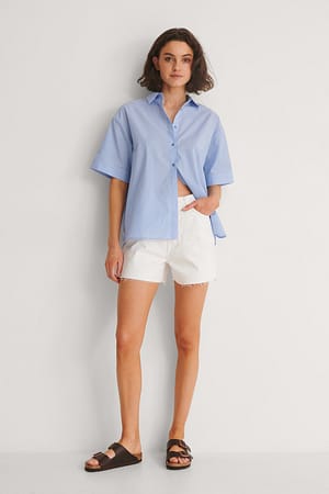 Raw Hem Buttoned Denim Shorts Outfit.