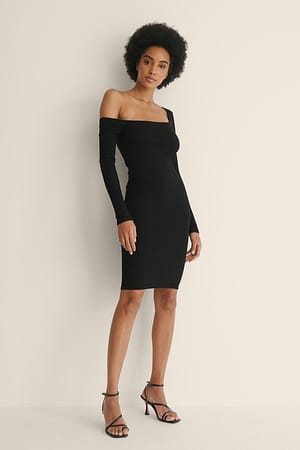 Asymmetric Shoulder Ribbed Dress Outfit.