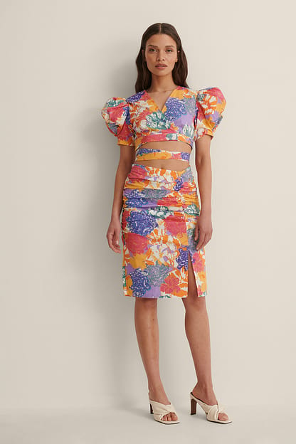 Watercolor Print Recycled Chiffon Midi Skirt