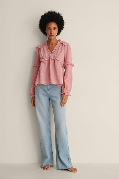 Dusty Pink Gerecycleerde gestructureerde LS blouse met ruches