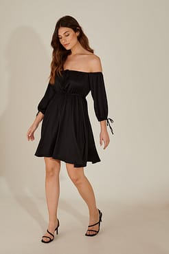 Off Shoulder Recycled Mini Dress Outfit.