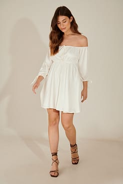 Off SHoulder Recycled Mini Dress Outfit.