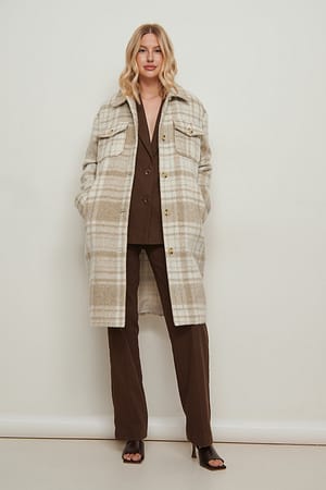 Brushed Checked Chest Pocket Long Overshirt Outfit.