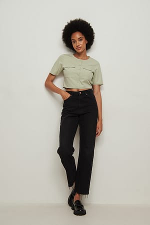 Buttoned Crop Pocket Top Outfit.