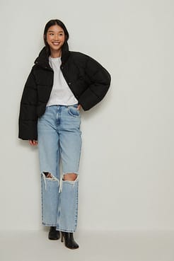 Recycled Short Padded Press Button Jacket Outfit