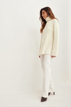 Ribbed Knitted High Neck Sweater Outfit.