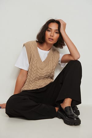 V-Neck Knitted Cable Vest Outfit
