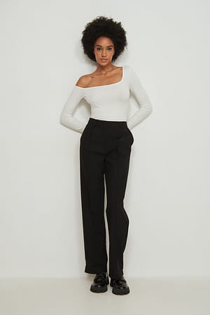 Asymmetric Shoulder Ribbed Top Outfit.