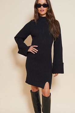 Knitted Ribbed Turtle Neck Dress Outfit