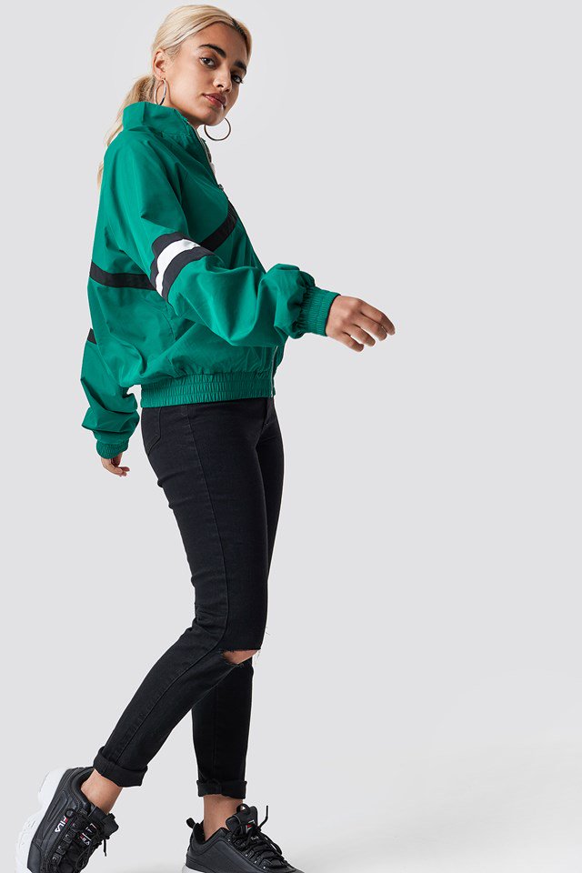 Green Track Suit Jacket X Black Jeans Outfit