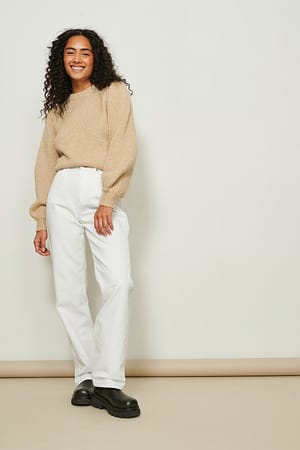 Knitted Puff Shoulder Sweater Outfit.