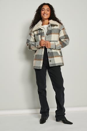 Teddy Collar Checked Overshirt Outfit.