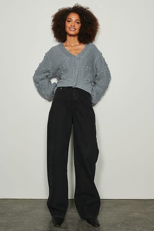 V-Neck Pom Pom Detailed Knitted Cardigan Outfit